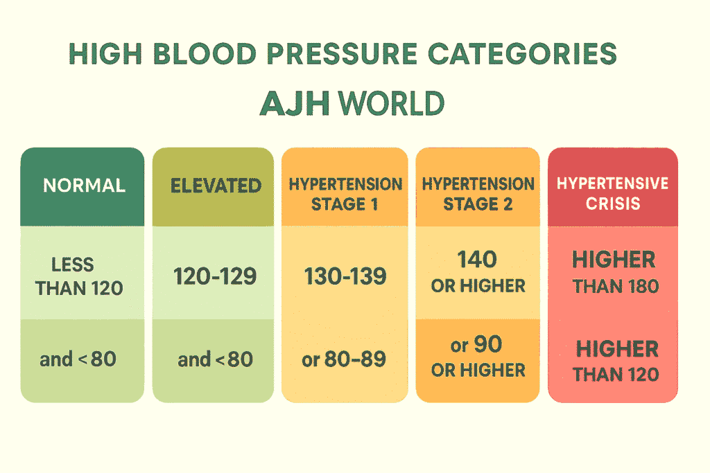 A chart explaining the categories of high blood pressure readings, from normal to hypertensive crisis