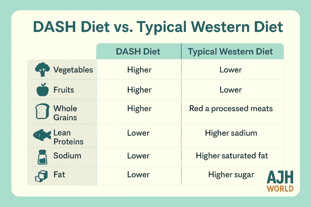 A chart comparing the healthy DASH diet against a Western diet for managing high blood pressure