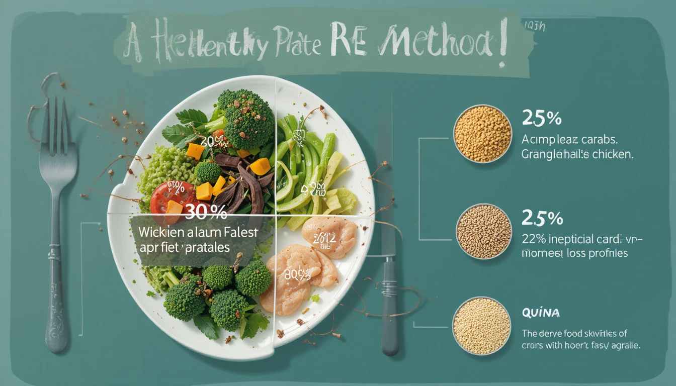 Infographic of the healthy plate method for natural weight loss showing ideal food group portions