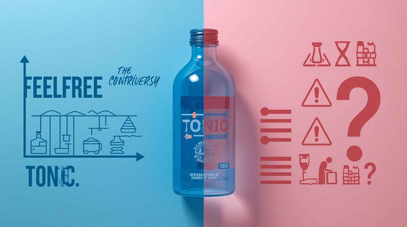 A bottle of Feel Free tonic next to warning signs, highlighting the controversy and undisclosed side effects