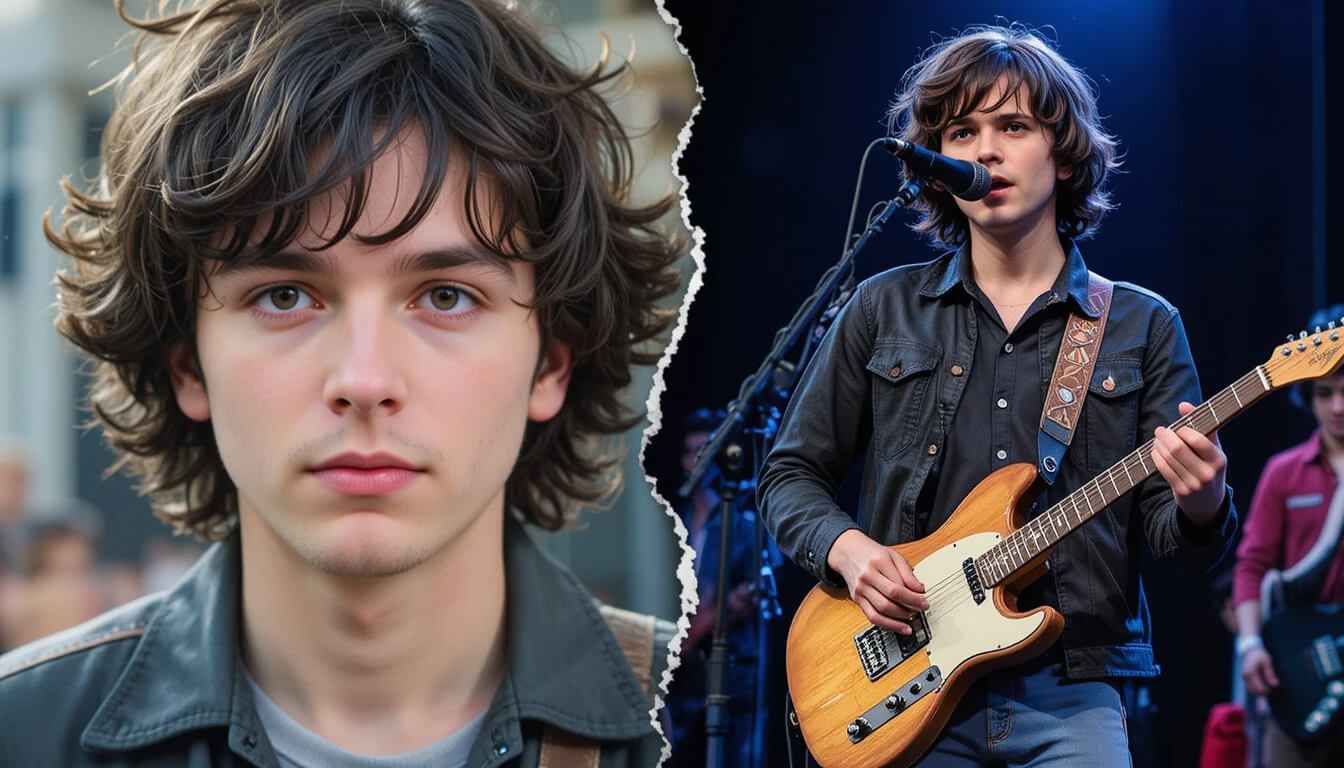 A collage showing Finn Wolfhard's dual life as an actor in 'Stranger Things' and as a musician.