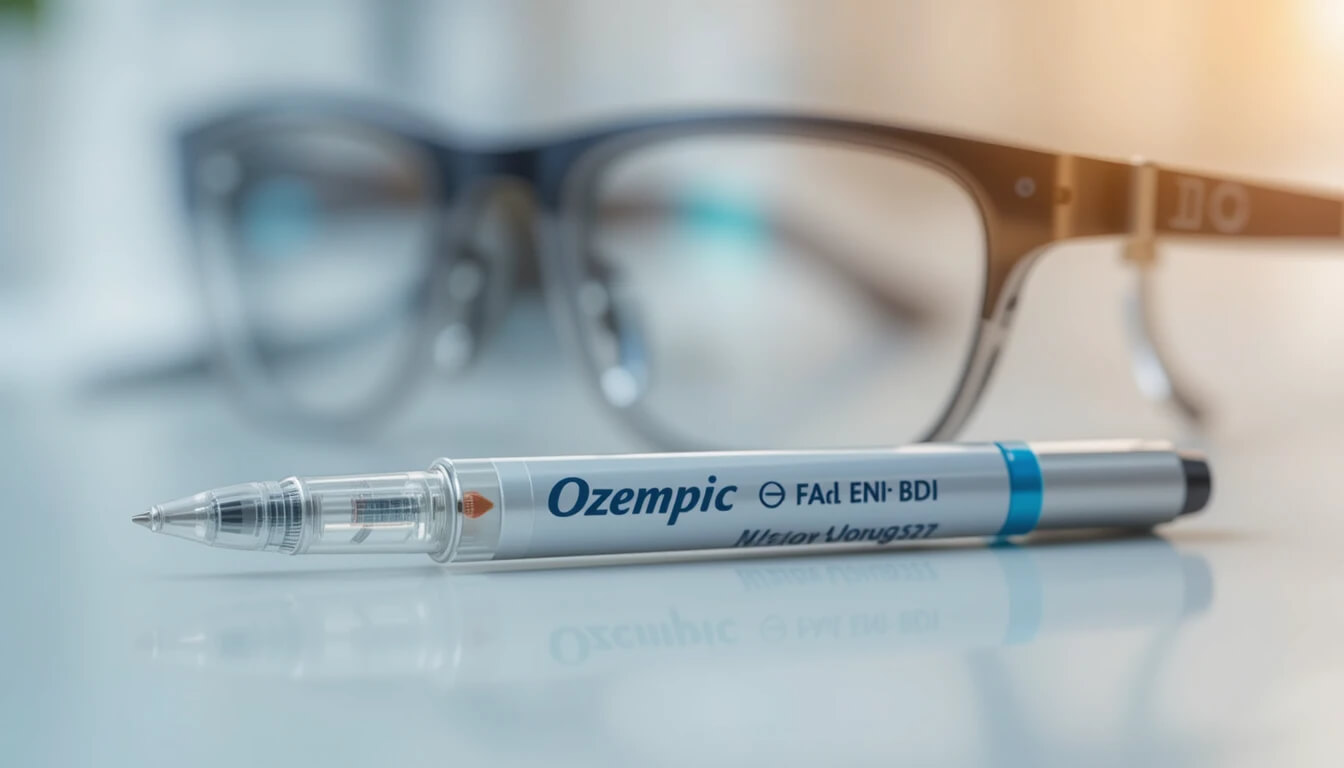 An Ozempic injector pen placed next to eyeglasses, symbolizing the vision-related risks discussed in Ozempic lawsuit claims