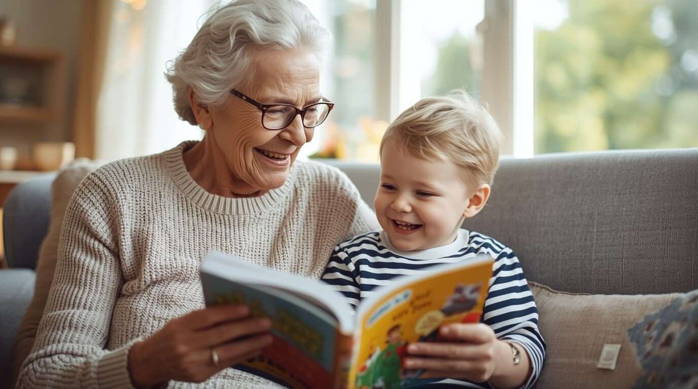 An elderly resident and a young child sharing a happy moment together, illustrating the benefits of intergenerational aged care programs