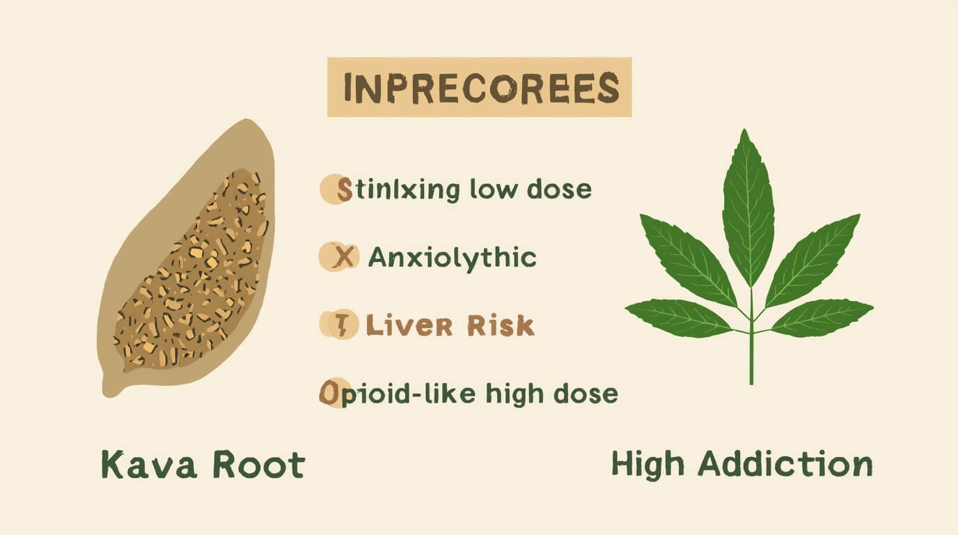 Comparison chart of Feel Free ingredients Kava and Kratom, highlighting their effects and primary risks
