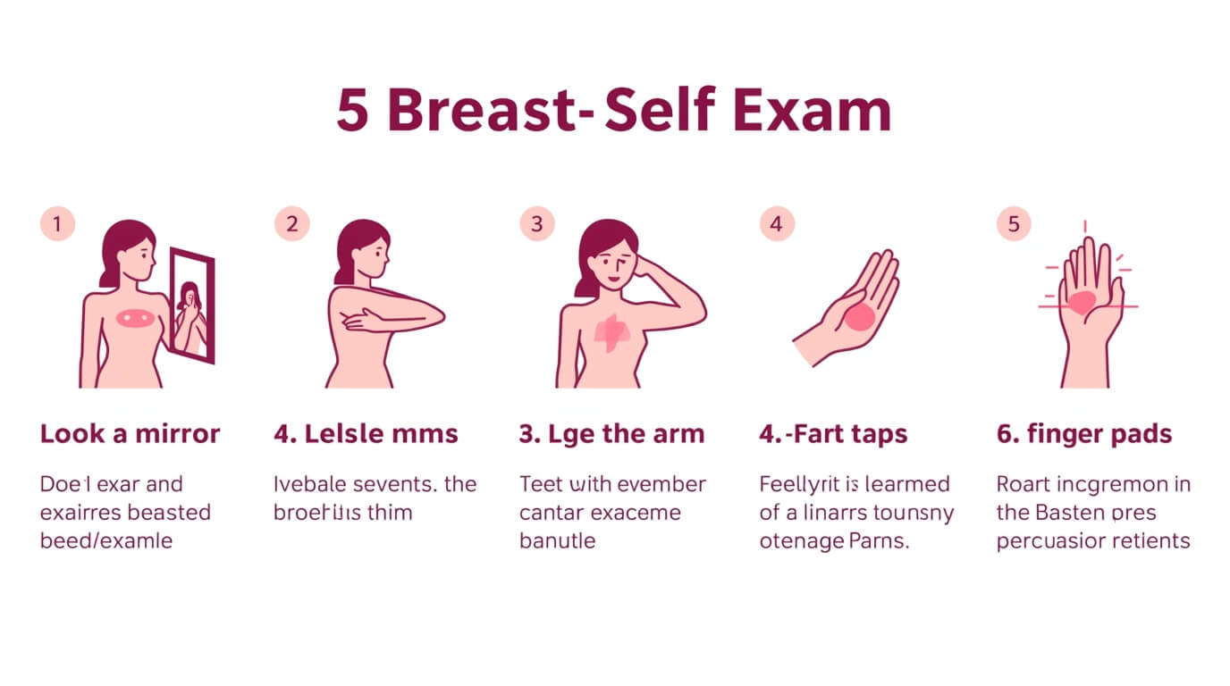 Infographic showing the 5 steps for performing a breast self-exam for early detection of breast cancer