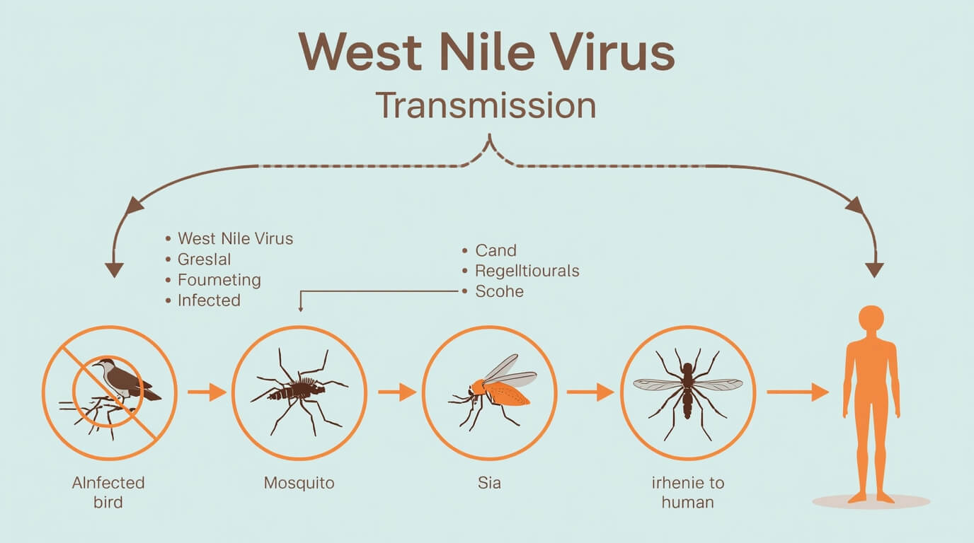 Infographic showing the West Nile virus life cycle from bird to mosquito to human