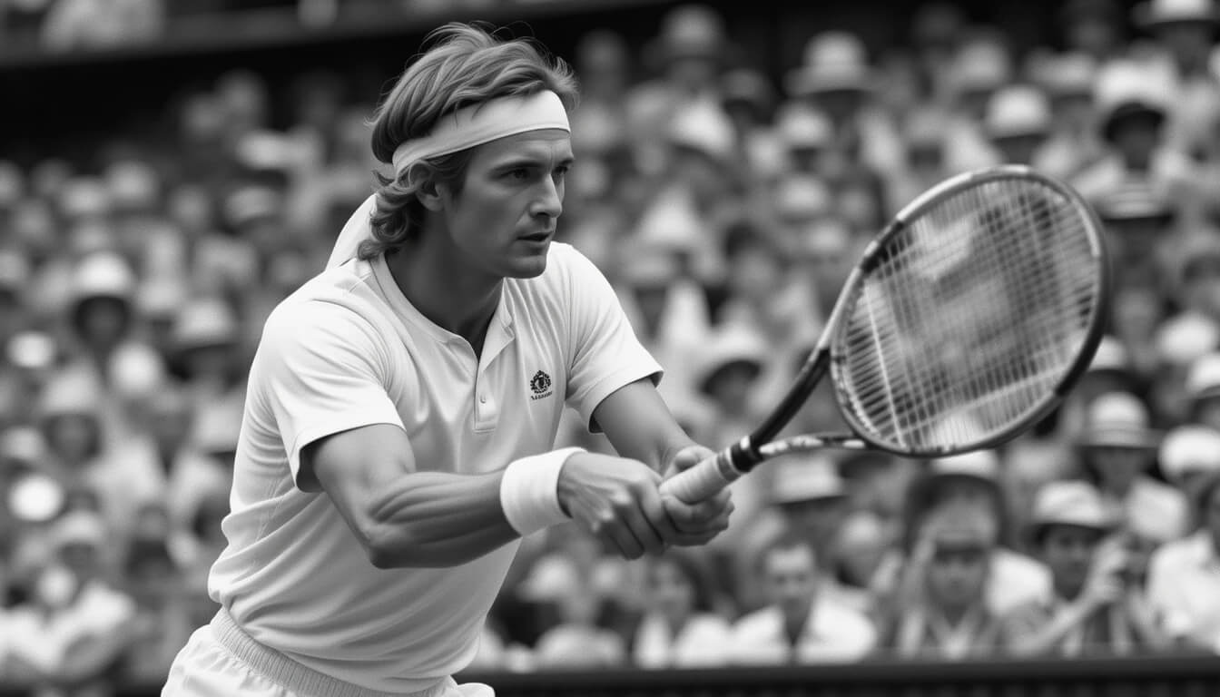 A young Björn Borg in his prime playing a match at Wimbledon
