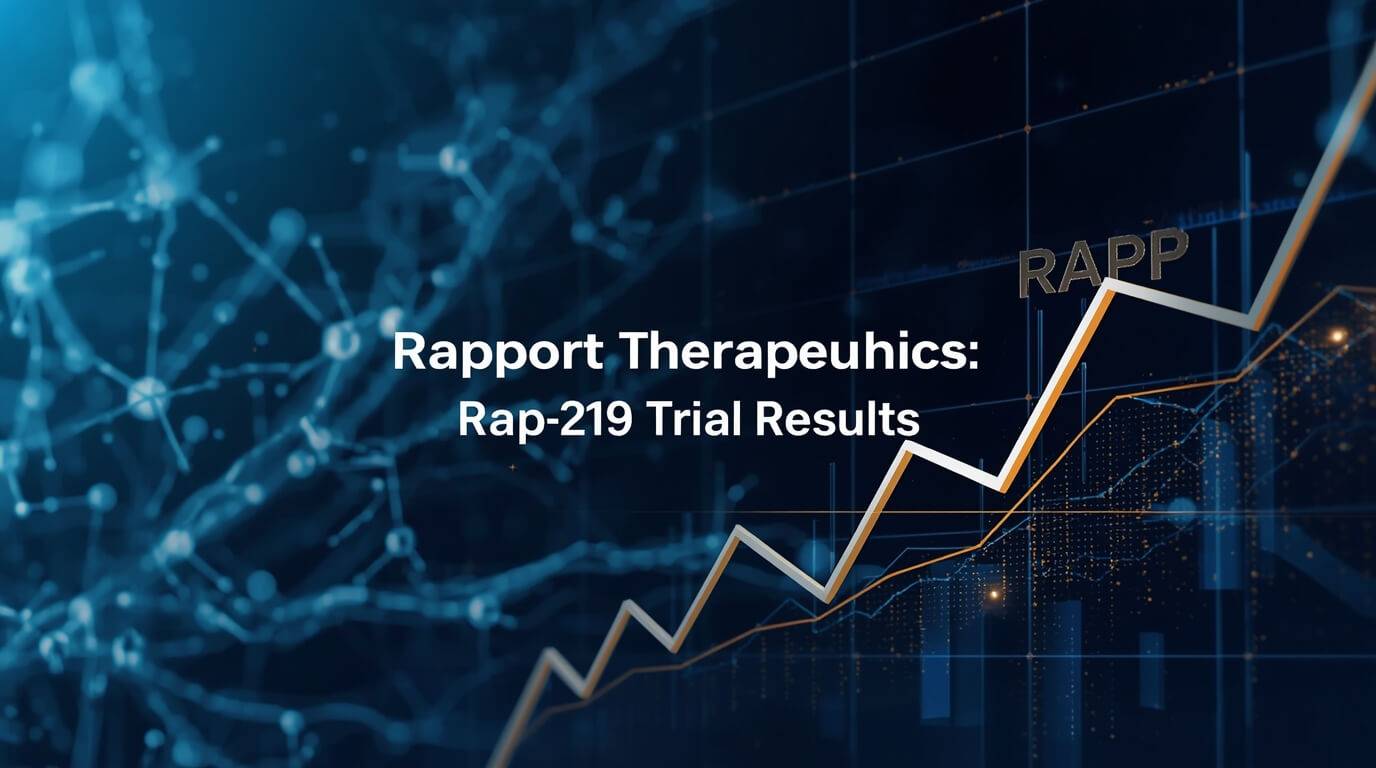 RAPP stock chart next to an illustration of brain synapses, representing the upcoming Rapport Therapeutics RAP-219 trial results for epilepsy